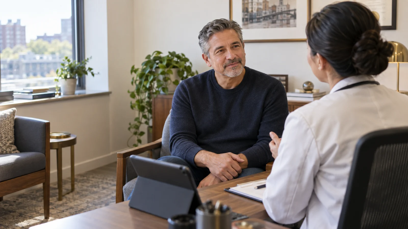An adult patient discussing health questions during a primary care visit