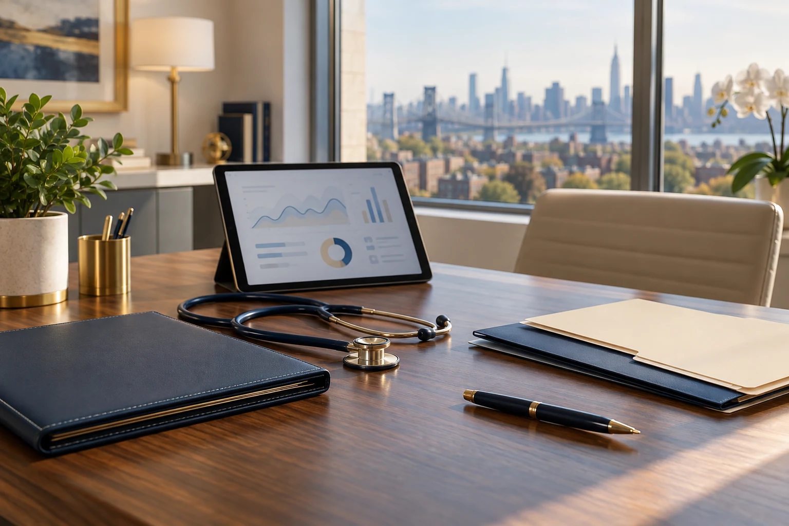 Organized primary-care records, a tablet, and a stethoscope in a modern consultation office