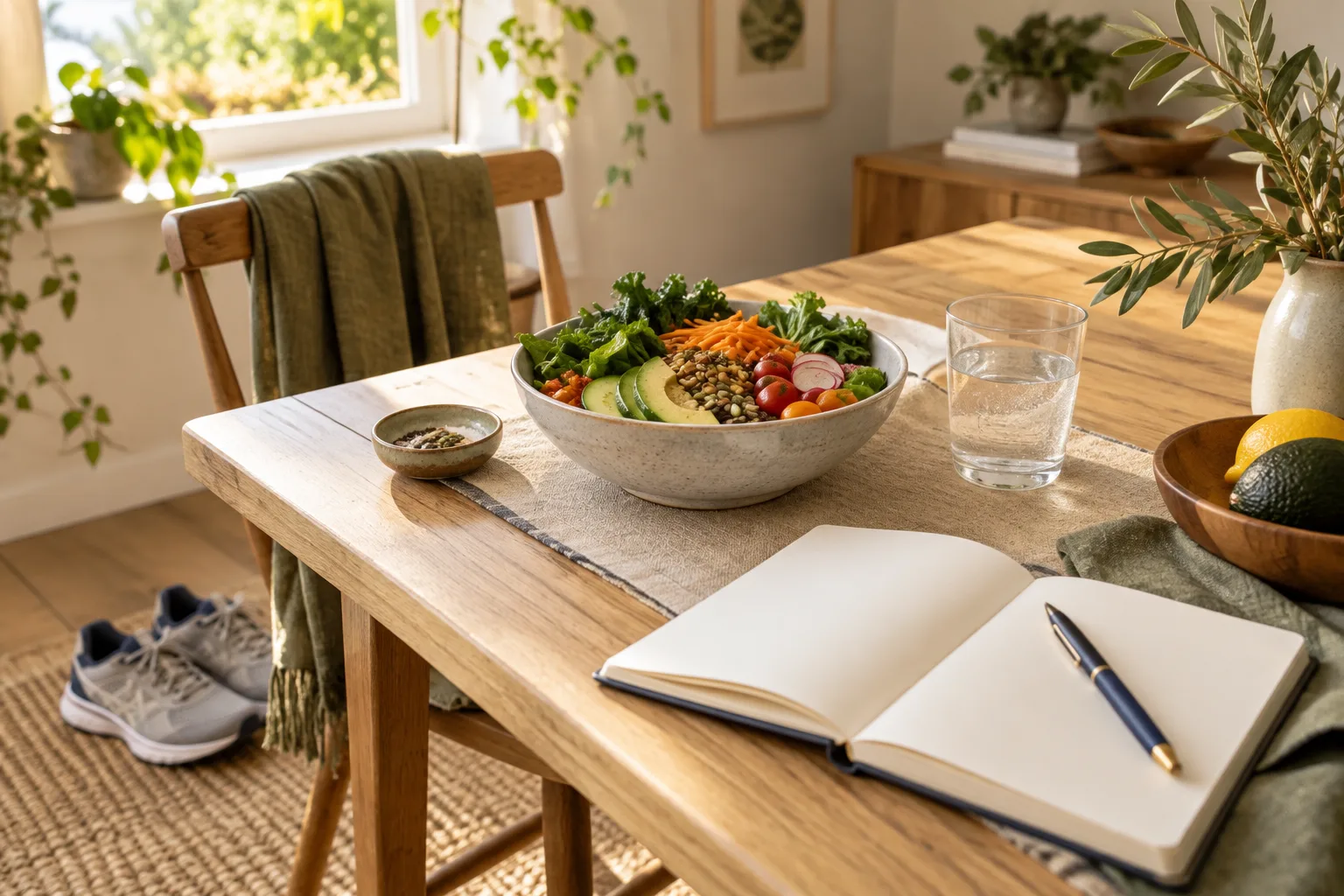 Fresh vegetables, water, and a notebook on a sunlit table