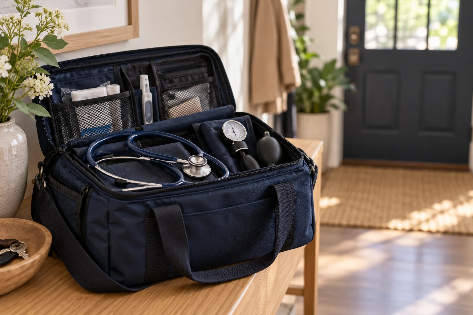 Medical bag with assessment equipment ready for a home visit