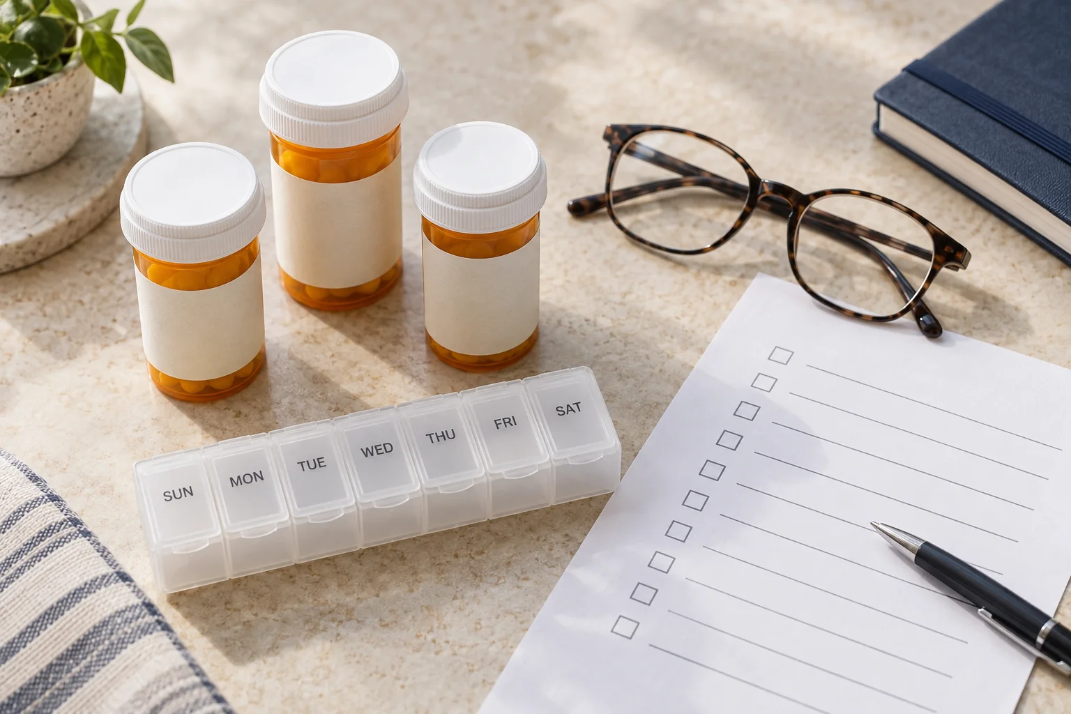 Medication bottles, weekly organizer and a checklist prepared for review