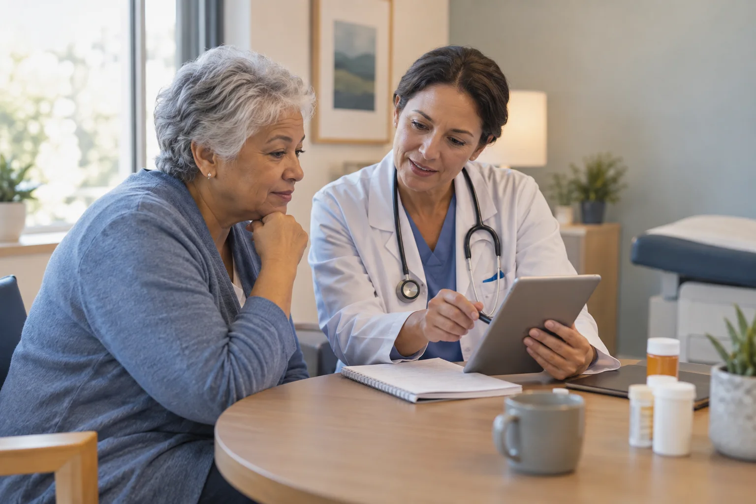 Mature adult reviewing an ongoing care plan with a clinician