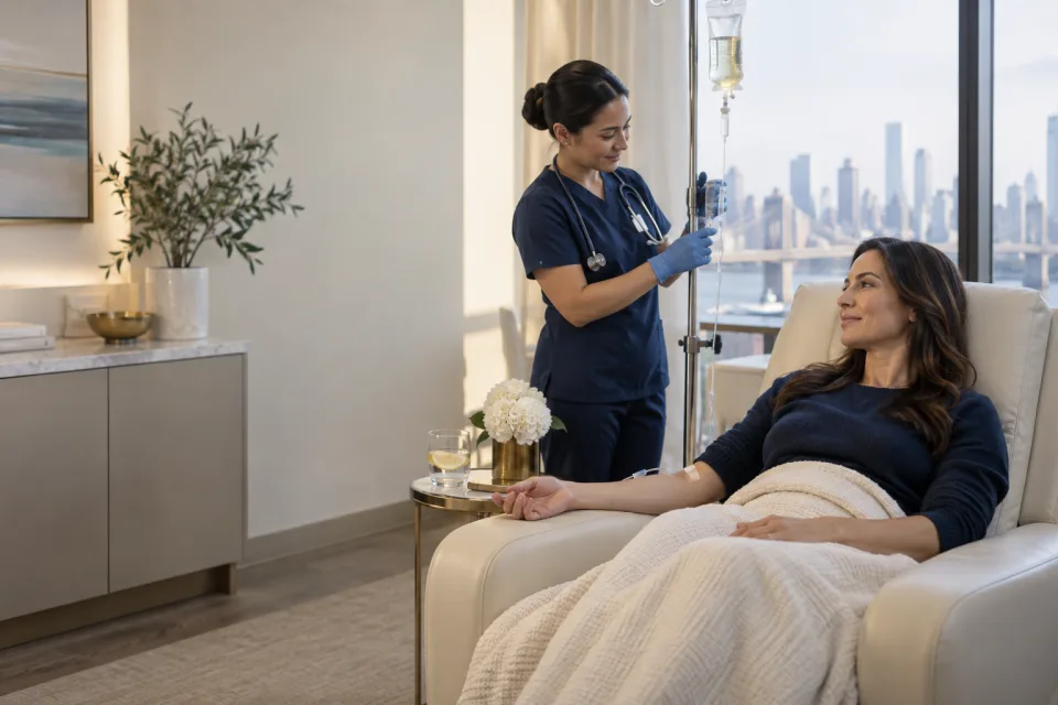 A patient receiving a monitored IV therapy infusion