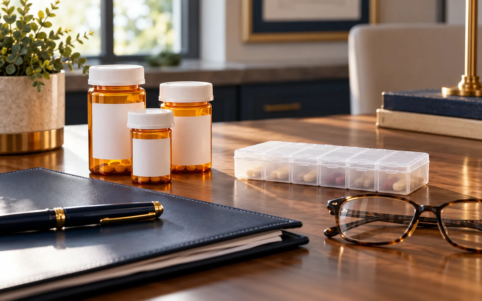 Organized medication bottles and weekly medication planner