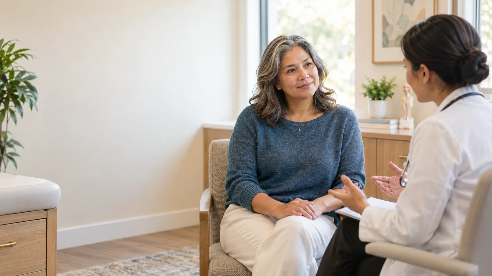 Adult patient having a calm primary care conversation with a clinician
