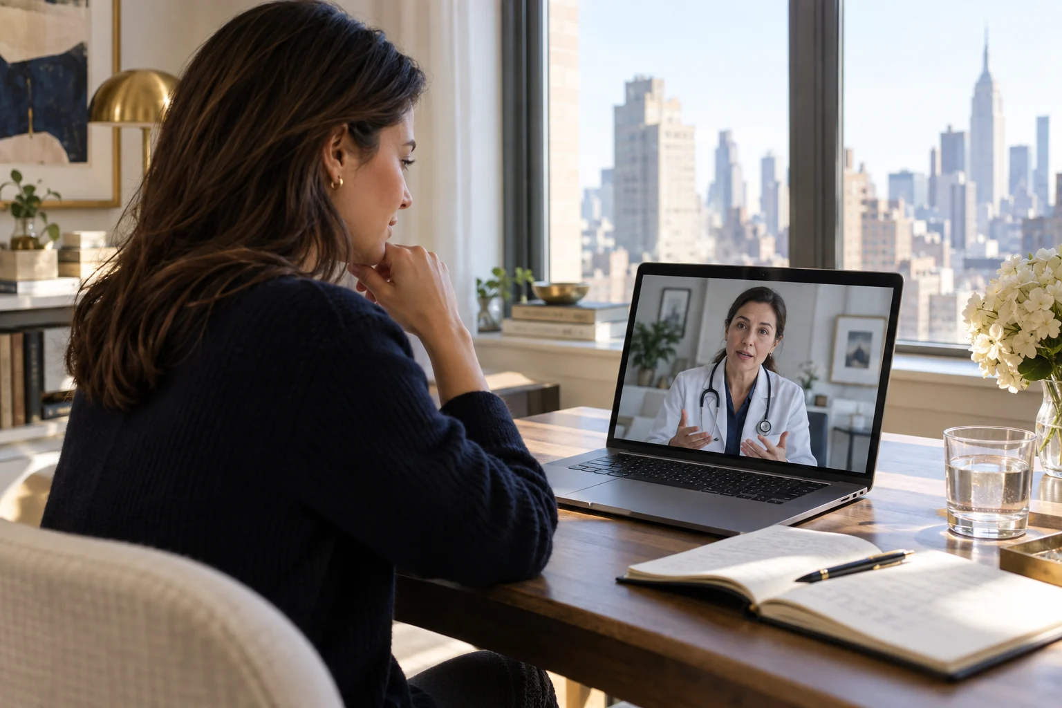 A secure telehealth visit with a clinician visible on screen